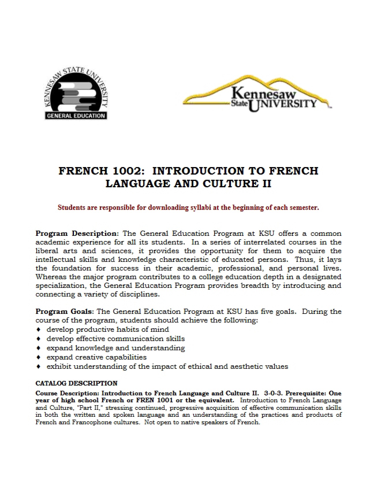 Course Requirements for FREN 1002