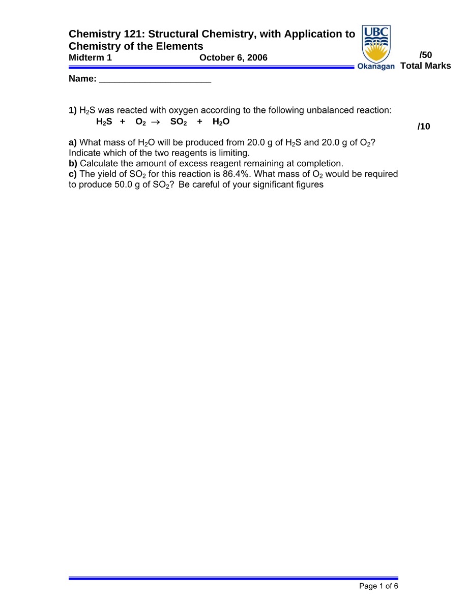 CHEM 121 Midterm 1 Exam B