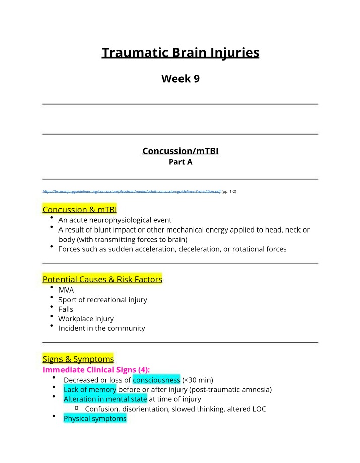 Week 9 - Traumatic Brain Injuries