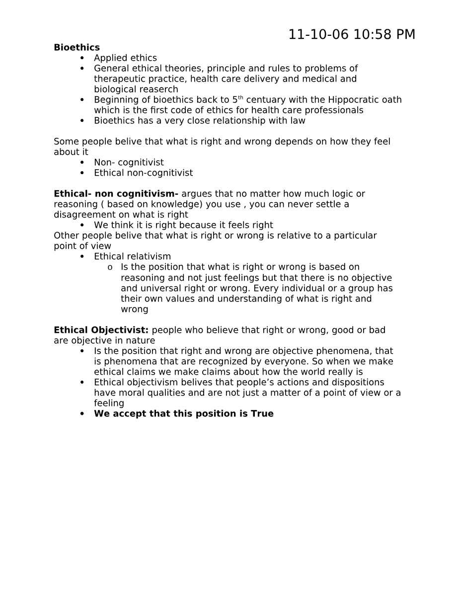 Bioethics Notes Full Set