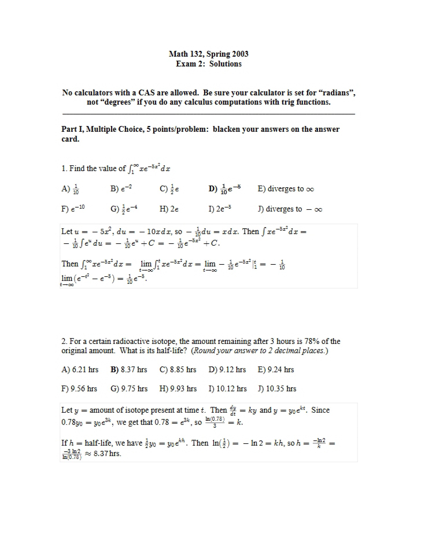 Solutions for Exam Two - Math 132 Spring 2003