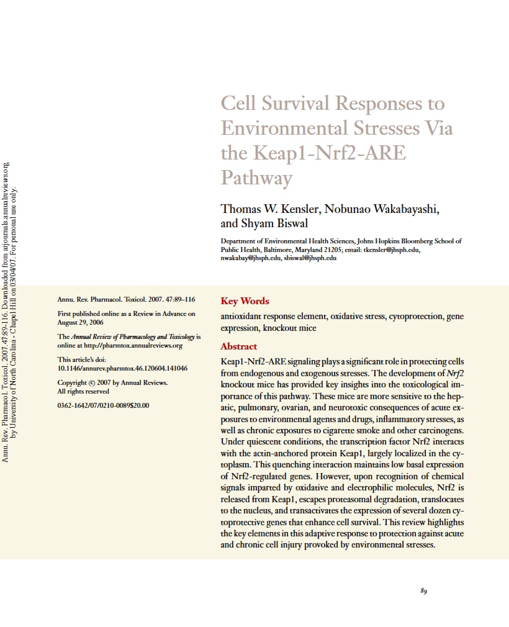 Keap1-Nrf2-ARE Pathway in Cell Stress Survival