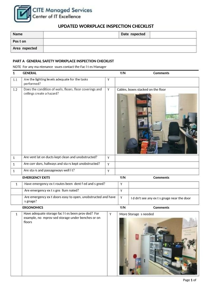 Workplace Inspection Checklist (Updated)