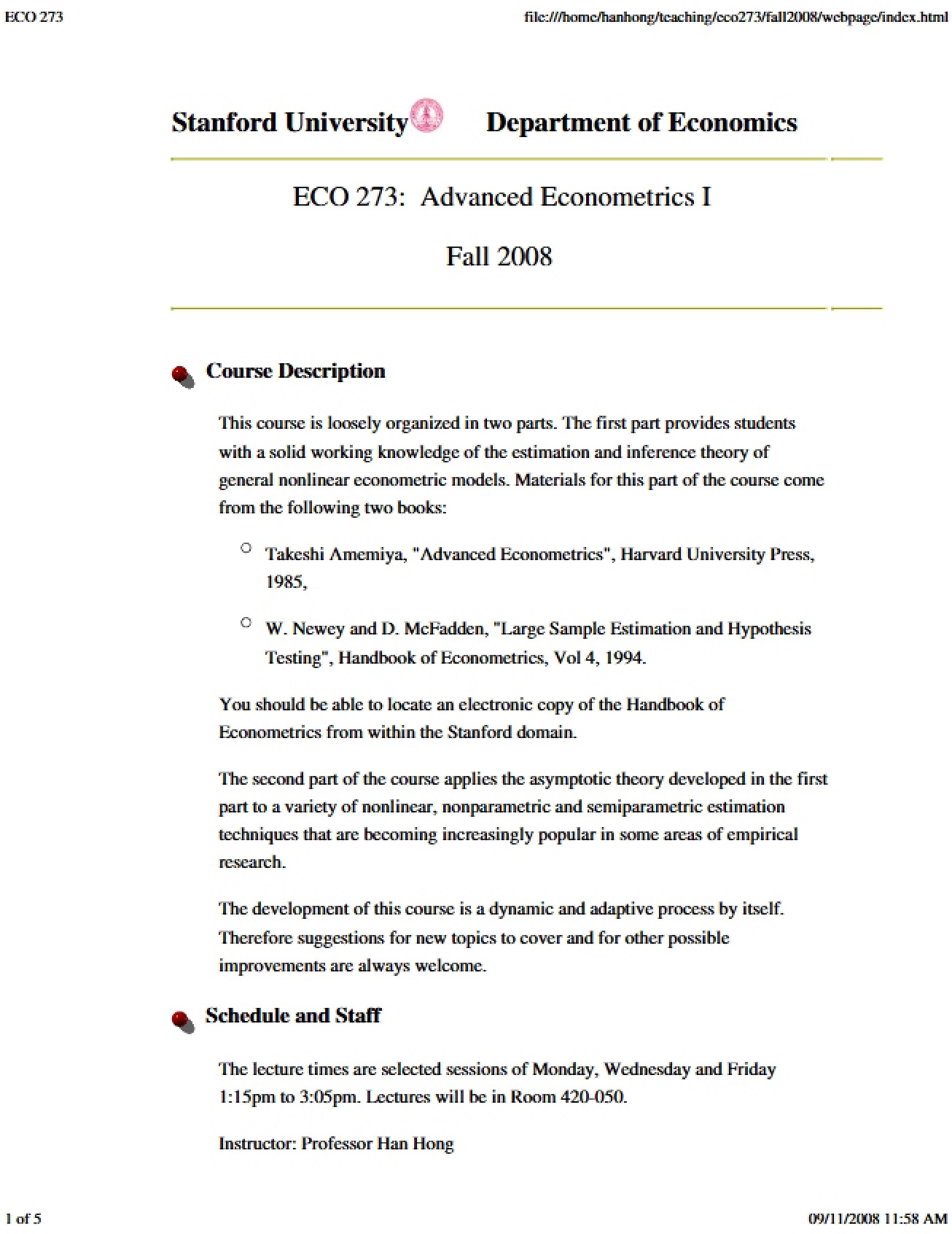 Advanced Econometrics I Syllabus (Set 2)