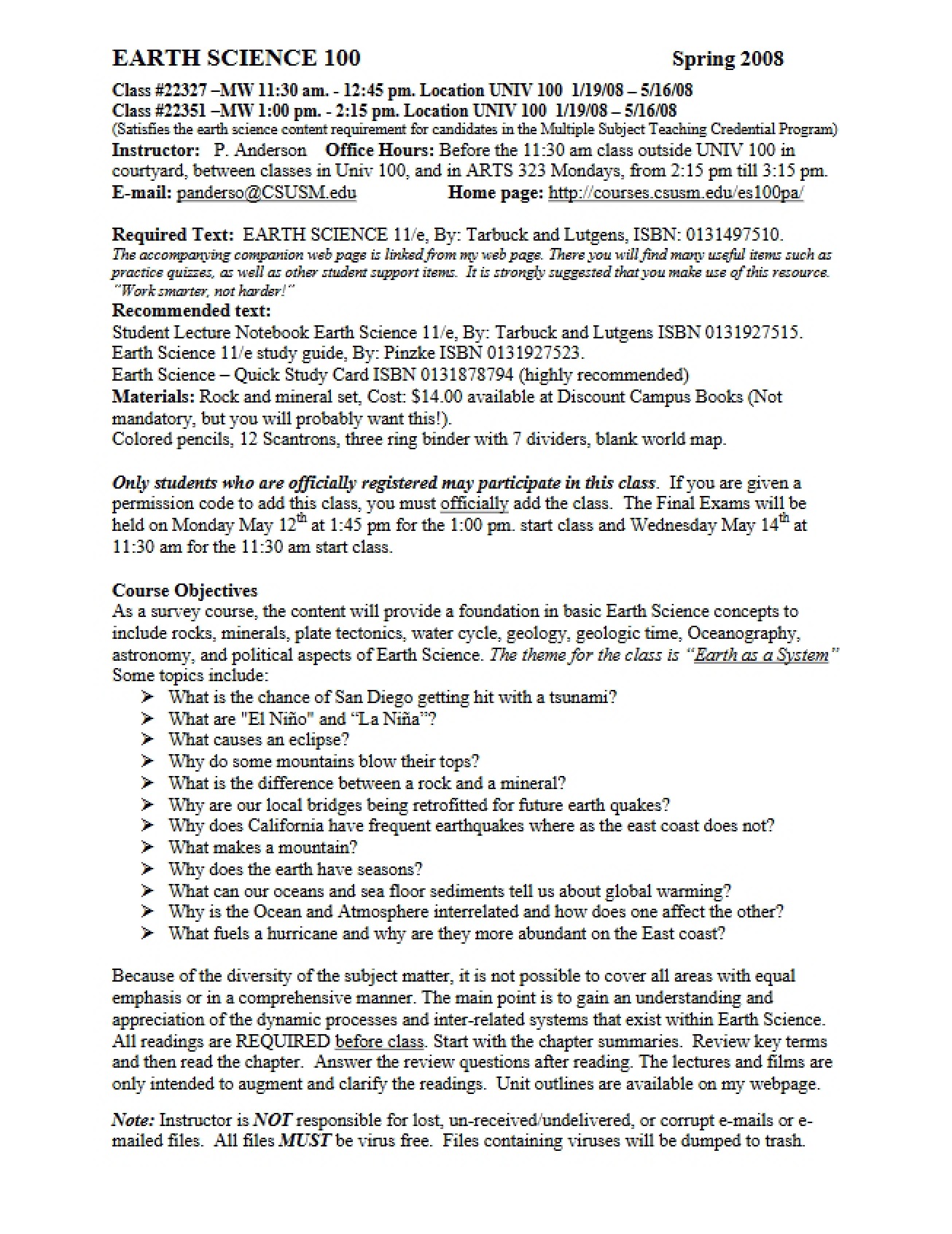 General Syllabus for Earth Science