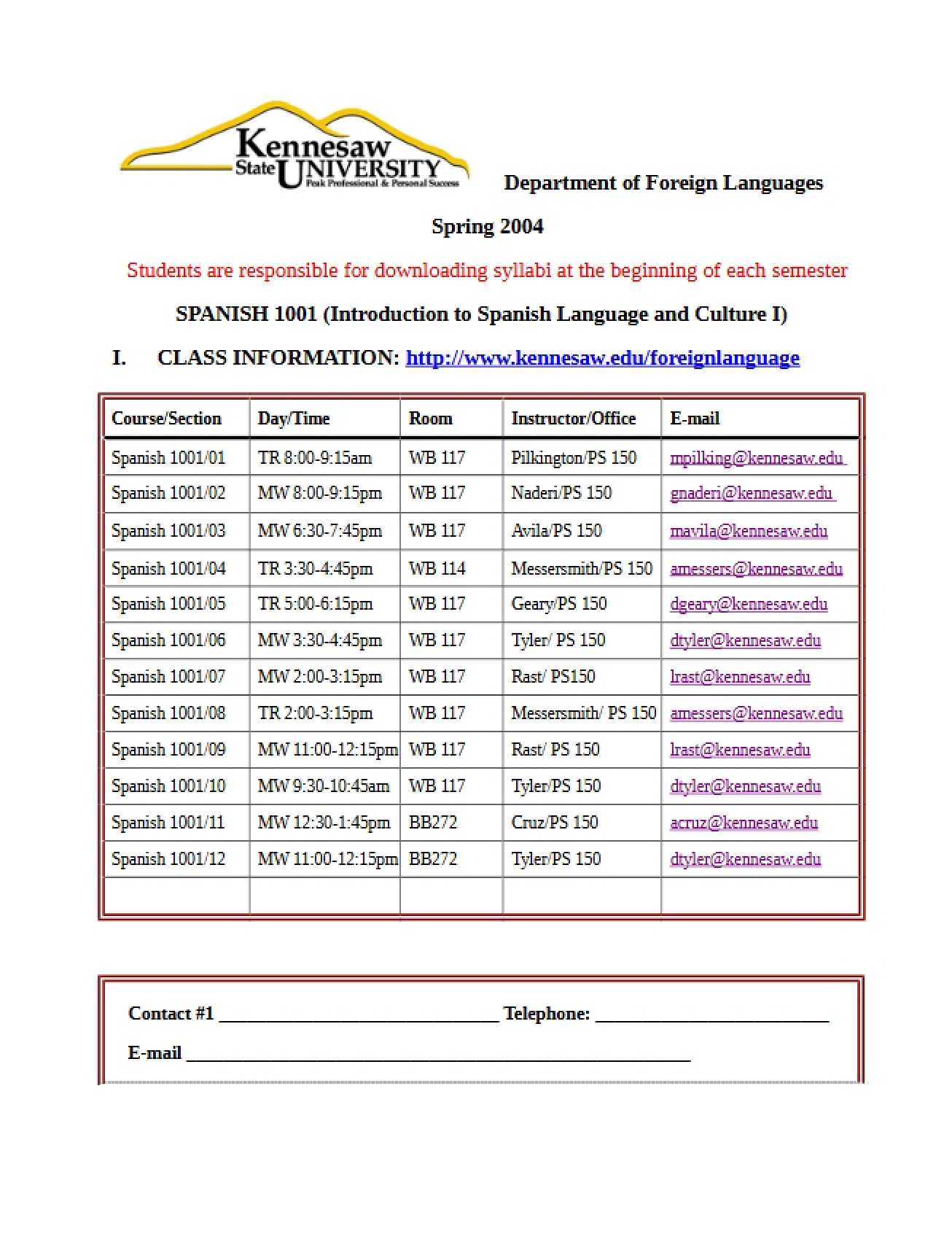 Course Information for SPAN 1001