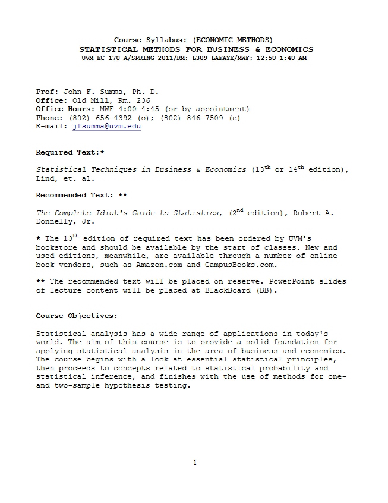 Economic Methods Syllabus