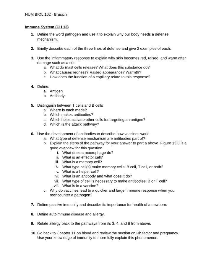 Chapter Questions on the Immune System