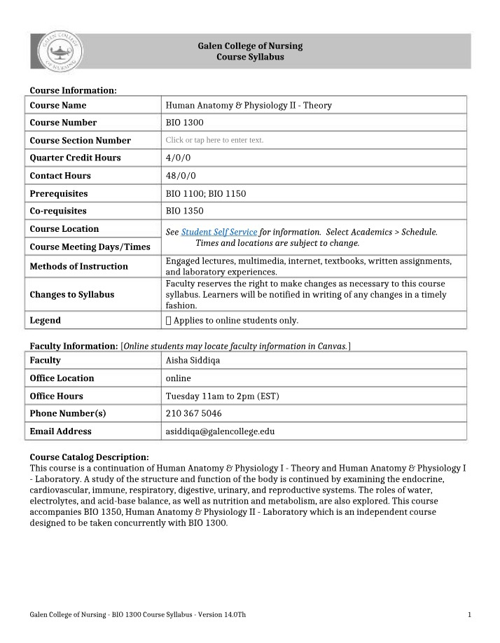 Human Anatomy & Physiology II Syllabus
