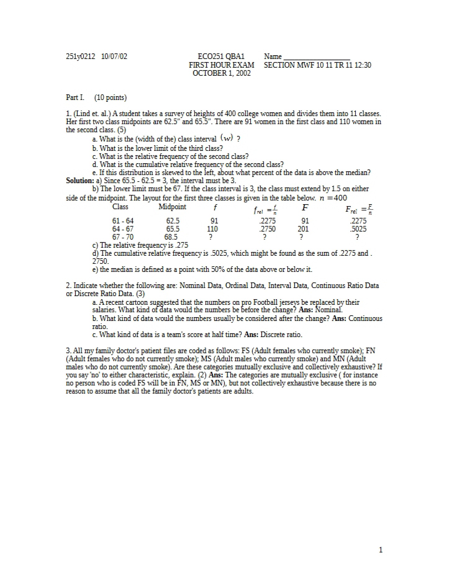 ECO 251 First Hour Exam