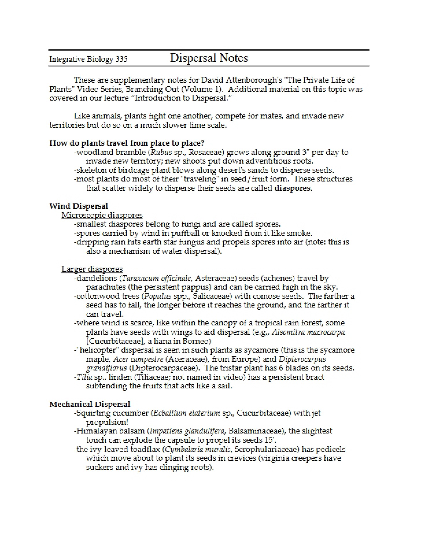 Notes on Dispersal