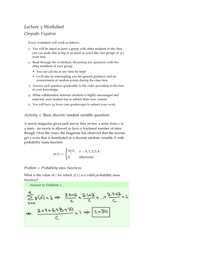 Solution for Lecture 5 Worksheet