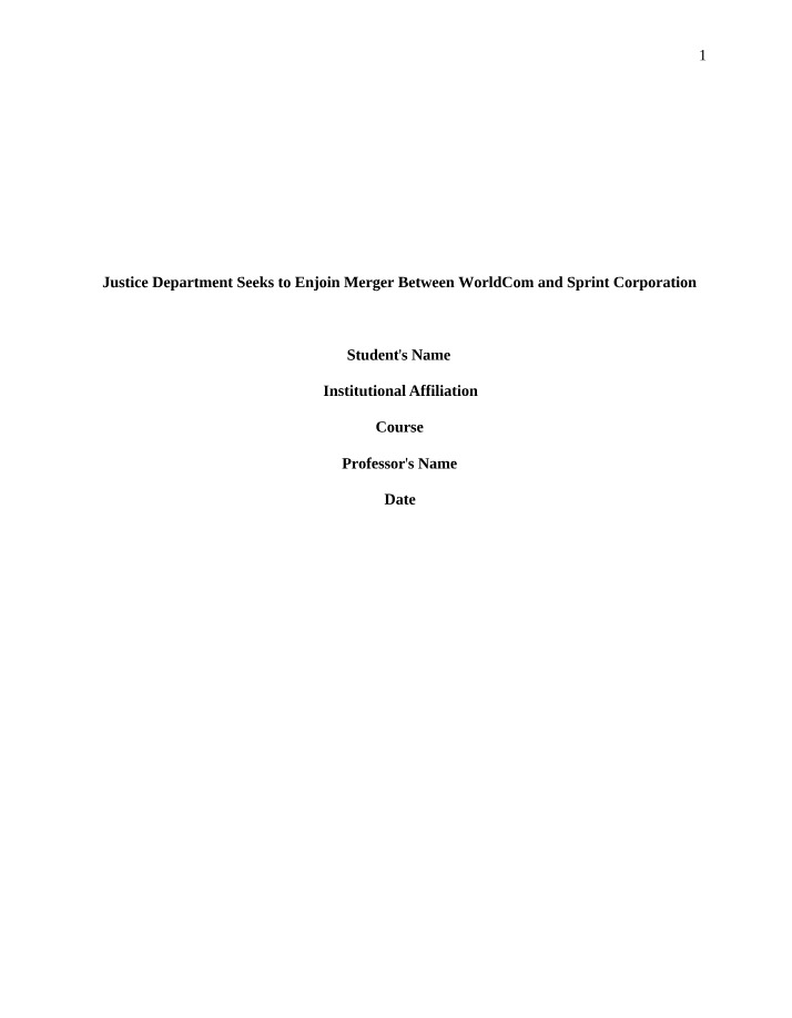 WorldCom-Sprint Merger - Justice Department Seeks to Enjoin