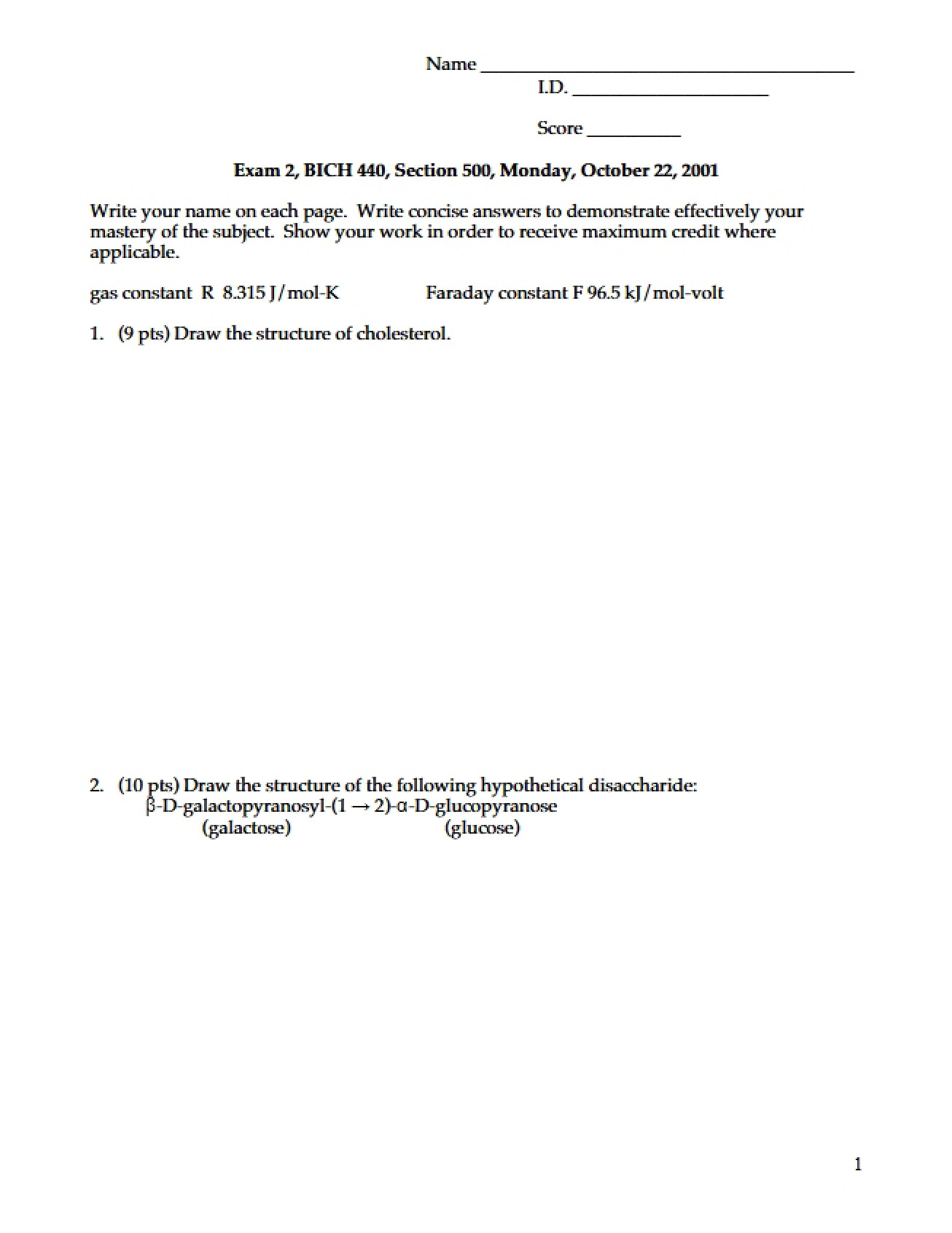 Second Examination for Biochemistry I