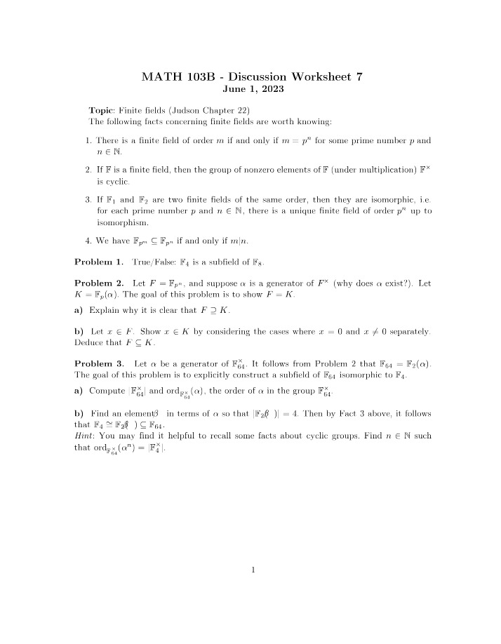 Discussion Worksheet 7 - MATH 103B