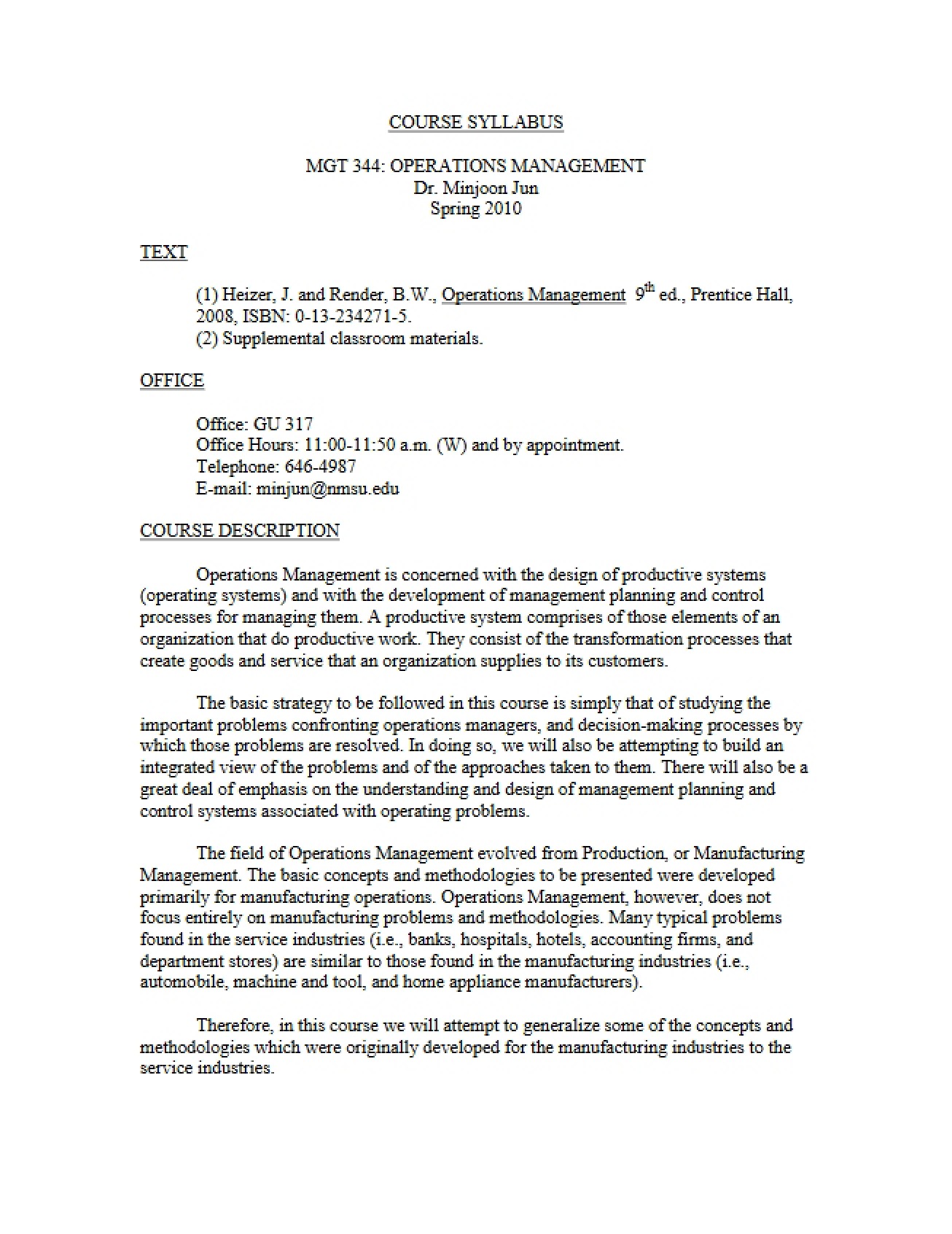 Production and Operations Management Syllabus - Spring 2010 - Jun