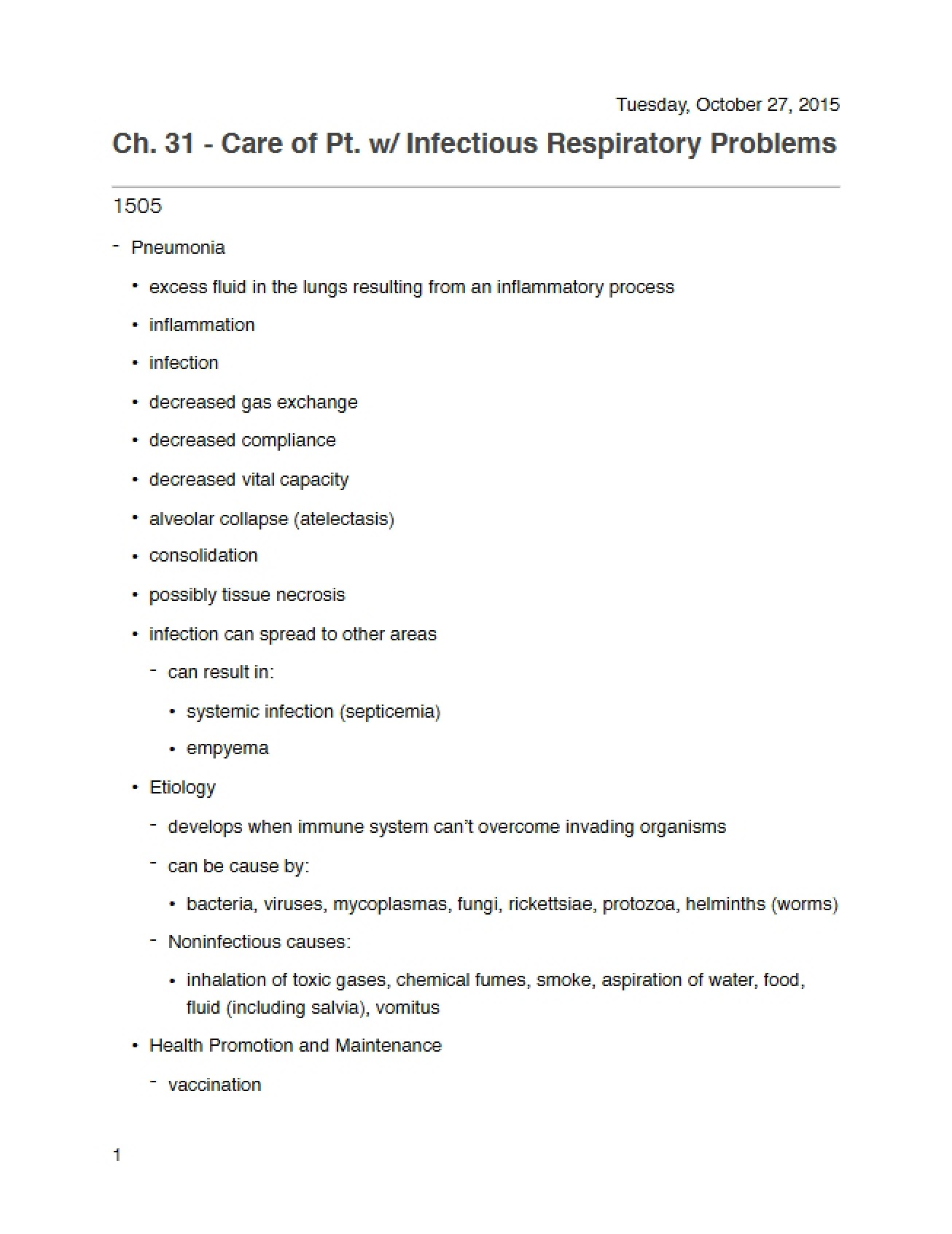 Infectious Respiratory Problems Patient Care (Chapter 31)