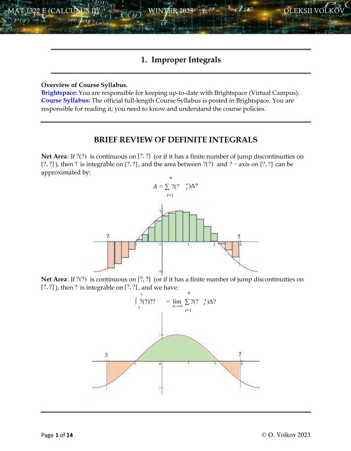 Improper Integrals Notes for Calculus II