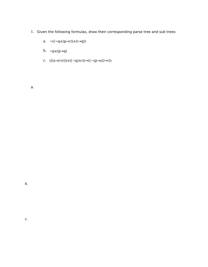 Parse Tree and Truth Table Exercises for Logical Formulas and Proofs