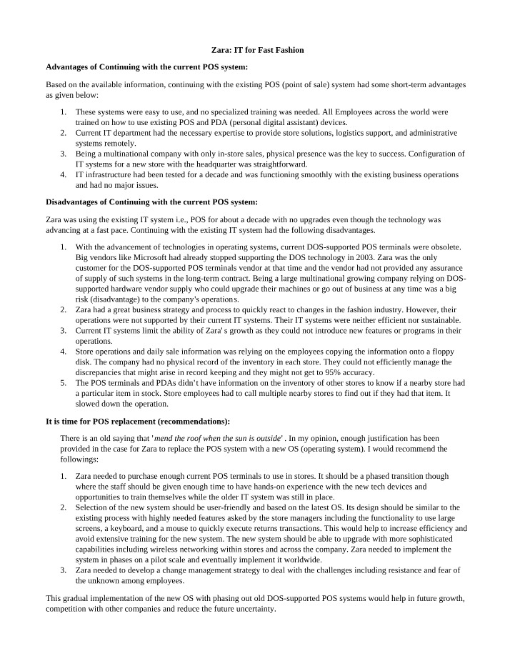 Zara's Current POS System - Advantages and Disadvantages