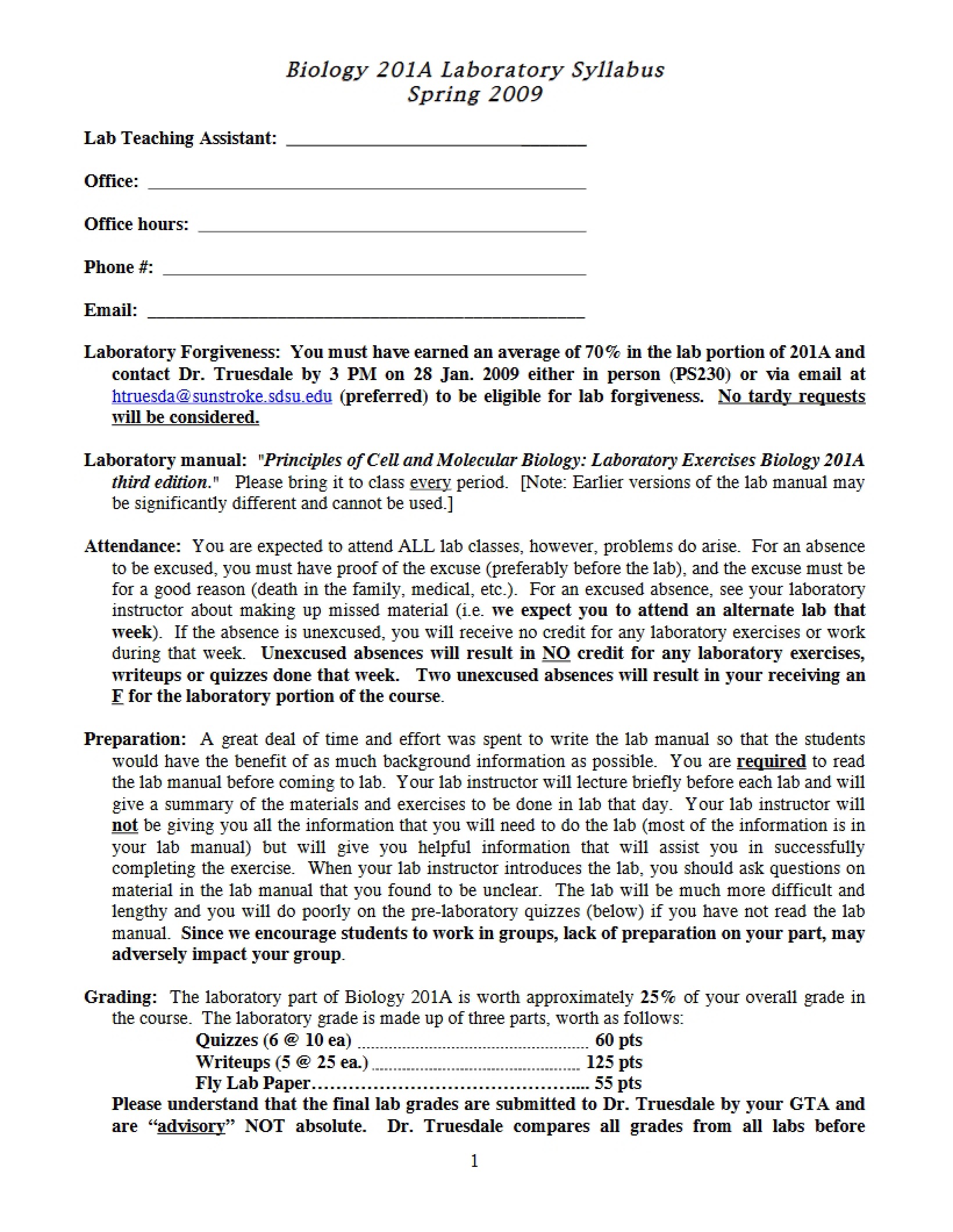 Cell and Molecular Biology Principles Syllabus
