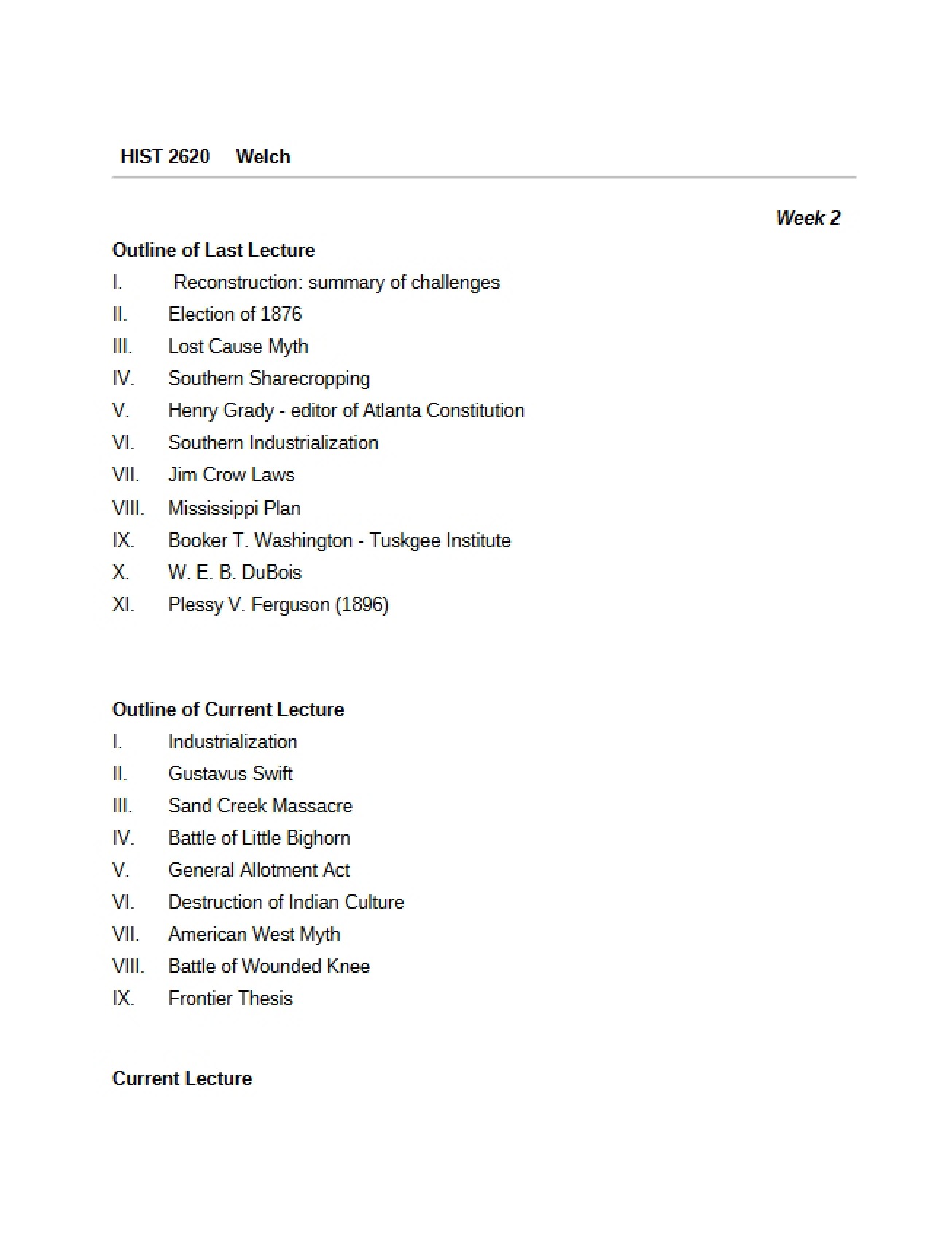 Last Lecture Outline