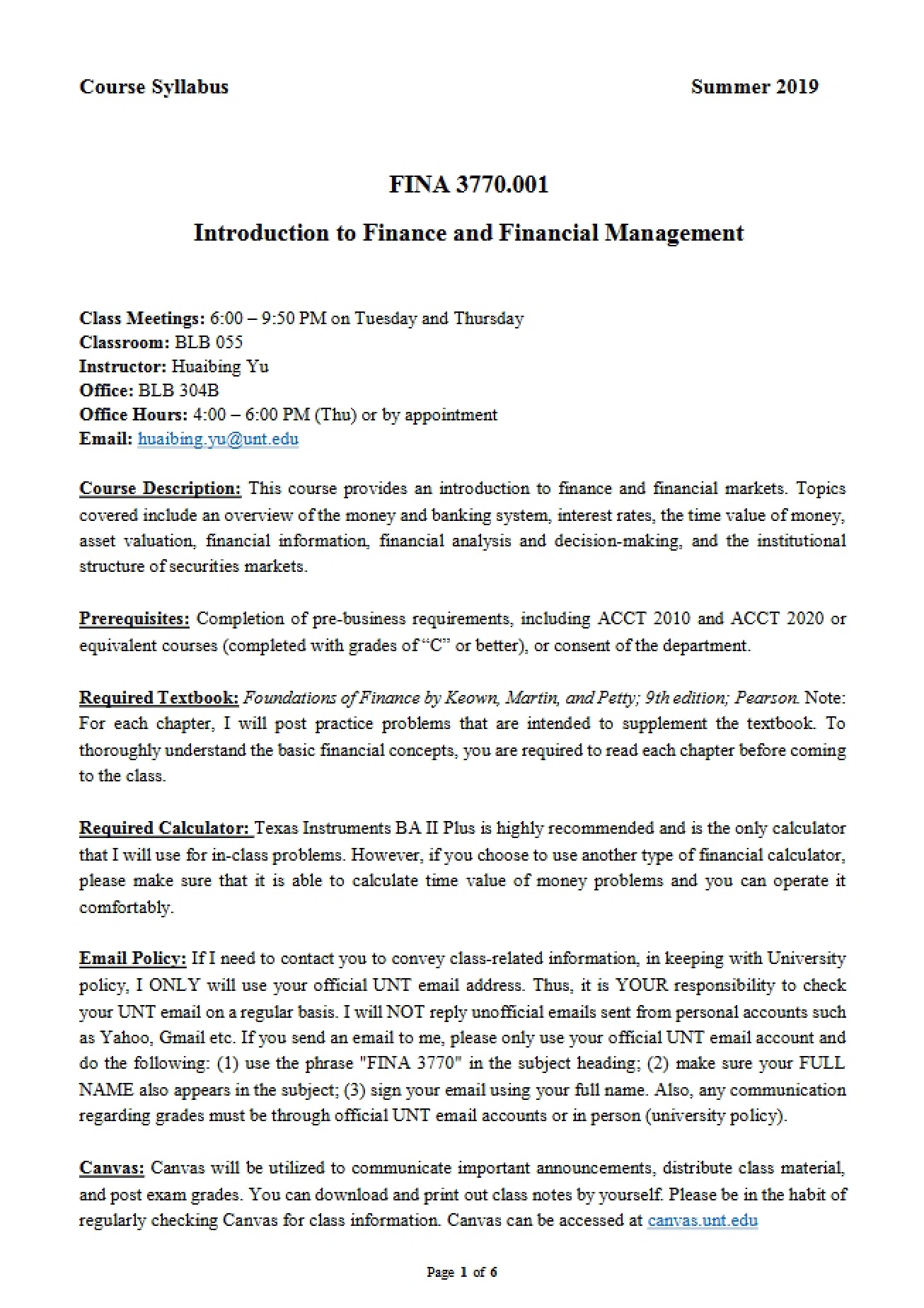Course Syllabus Section 001