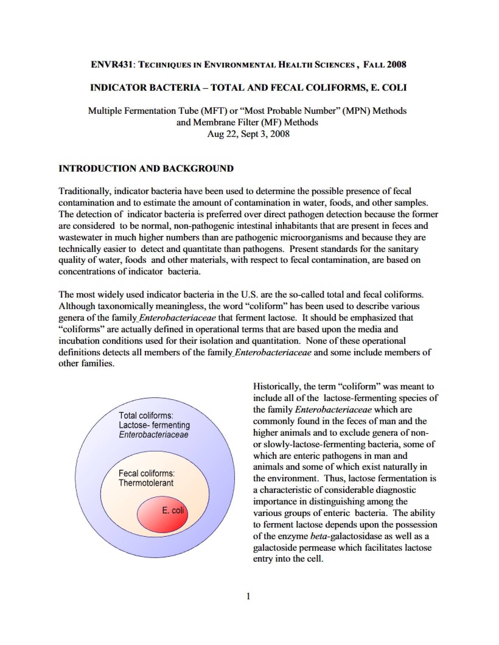 E. Coli and Coliforms as Indicator Bacteria