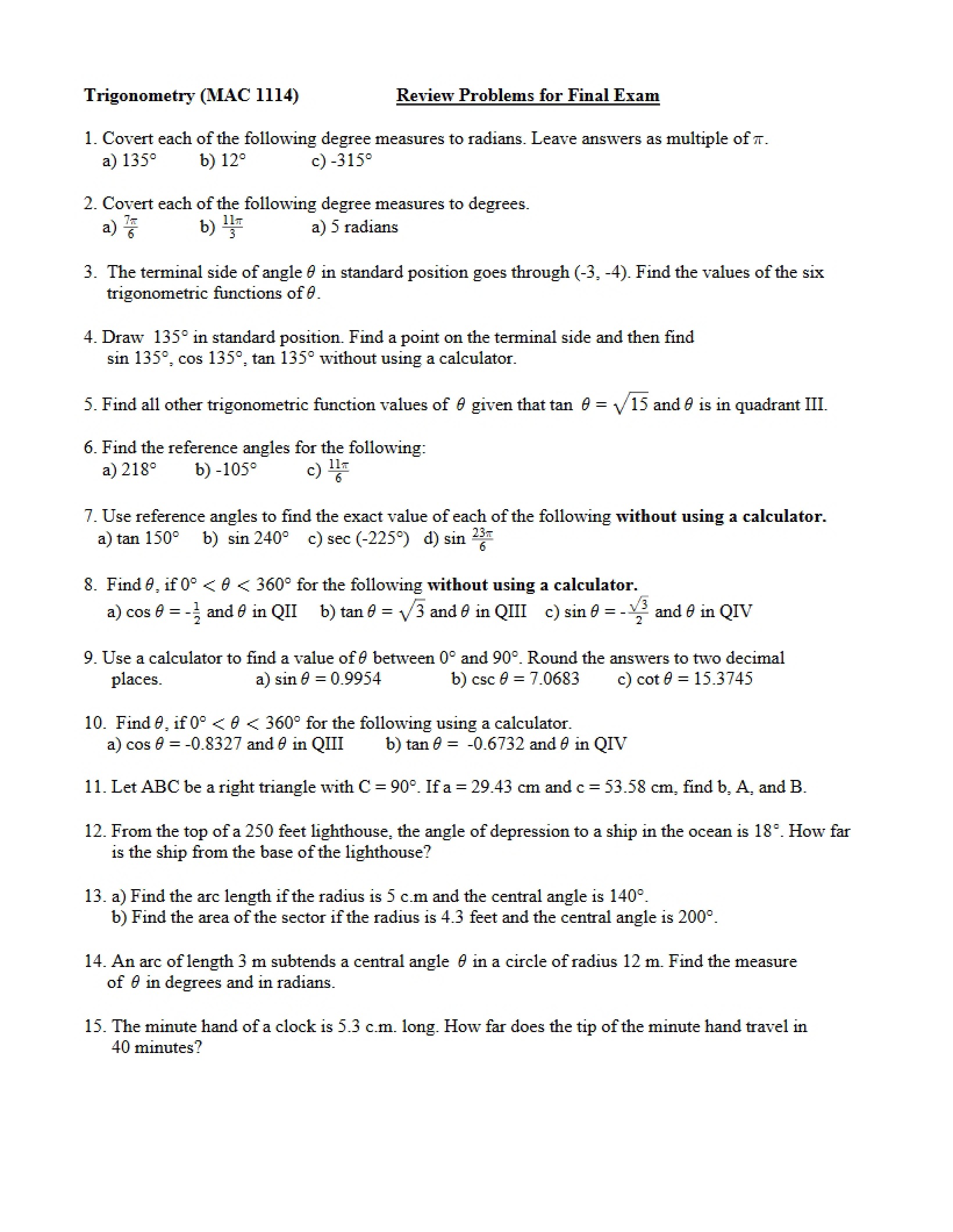 Review for Trigonometry Final