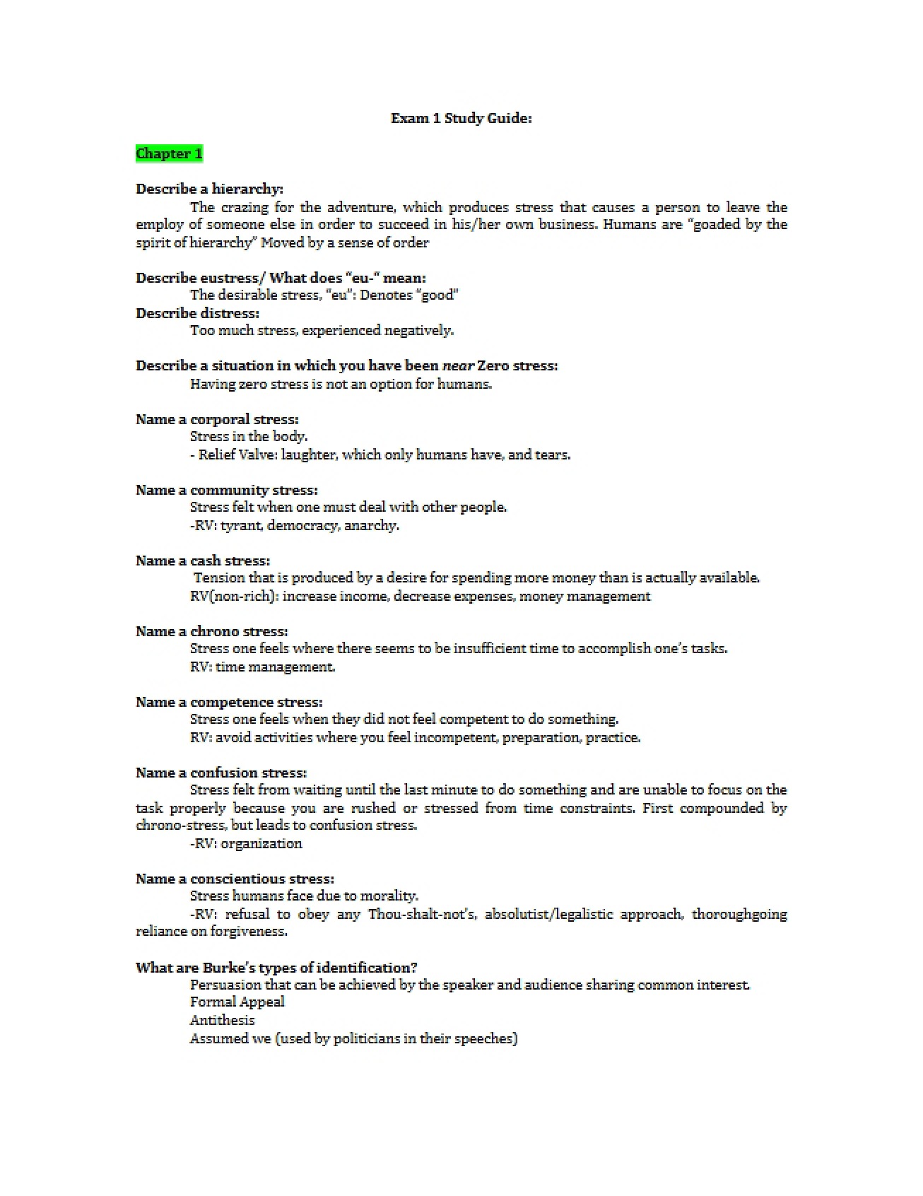 Study Guide for the First Stress Management Exam
