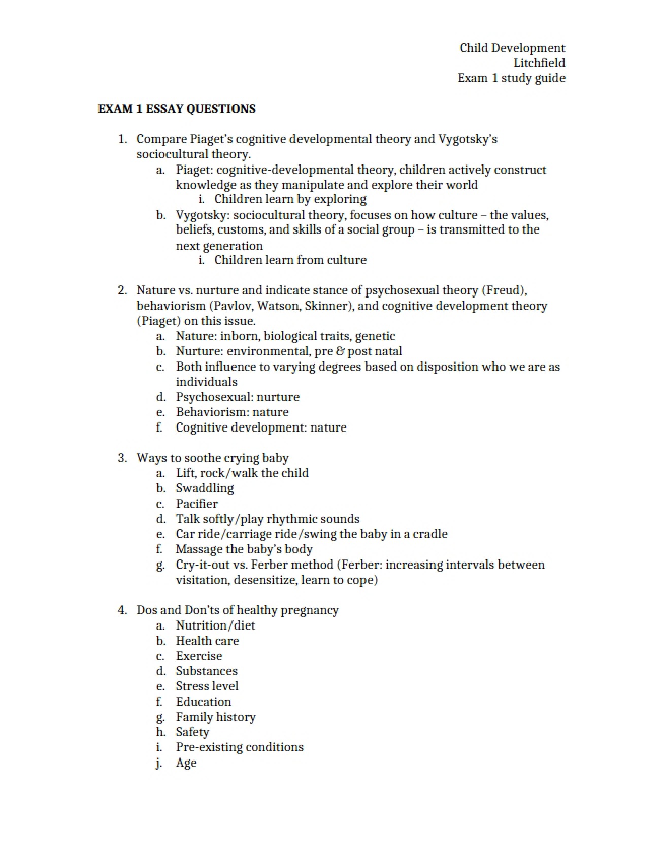 First Exam Study Guide for Child Development