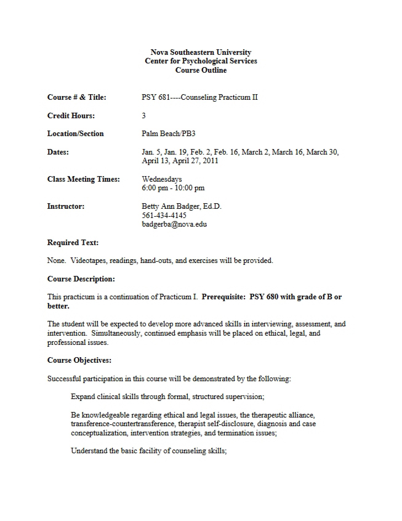 Syllabus for Counseling Practicum II