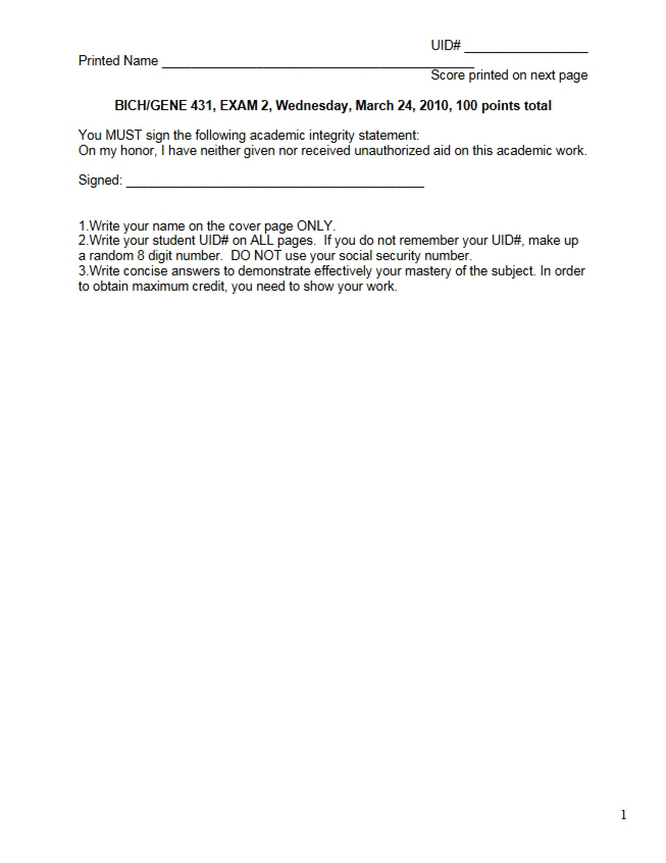 Examination from Spring 2010 for Molecular Genetics