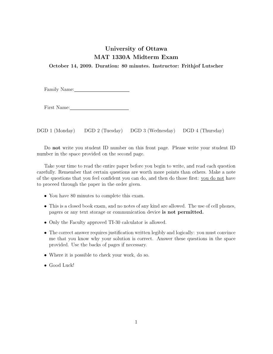 Midterm Exam - MAT 1330A