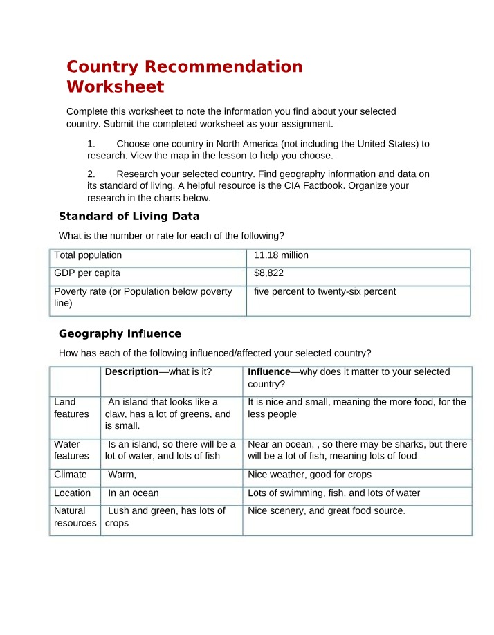 Worksheet - Country Recommendation