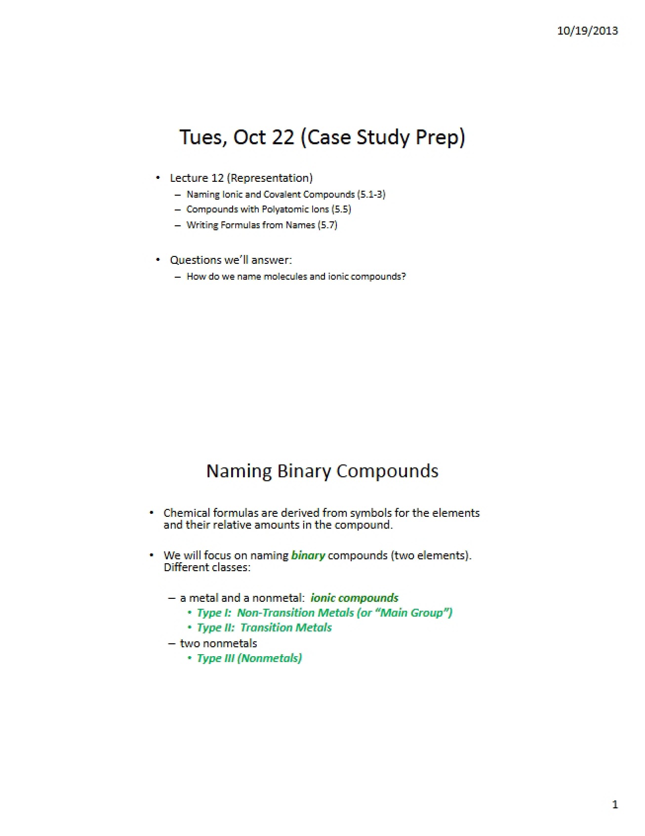 Lecture 12 Naming Compounds, Polyatomic Ions, and Formulas