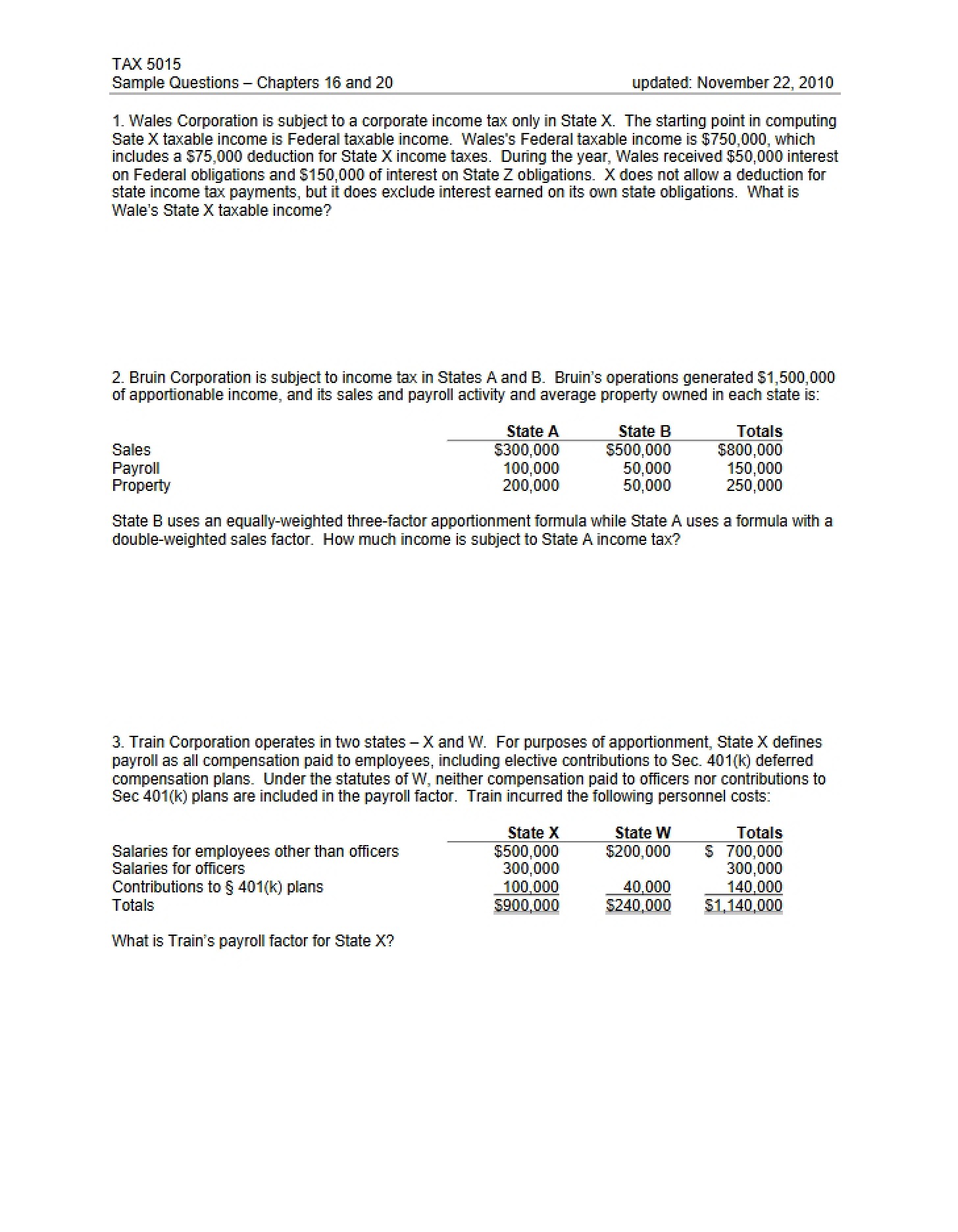 Final Practice Questions (TAX 5015)