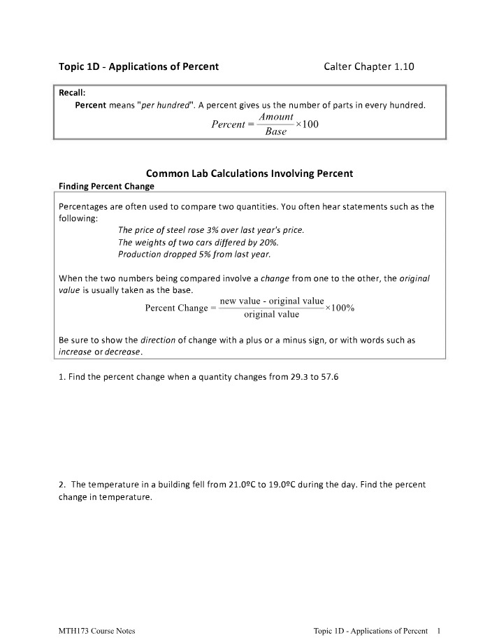Applications of Percent Calculations, Yield, and Errors