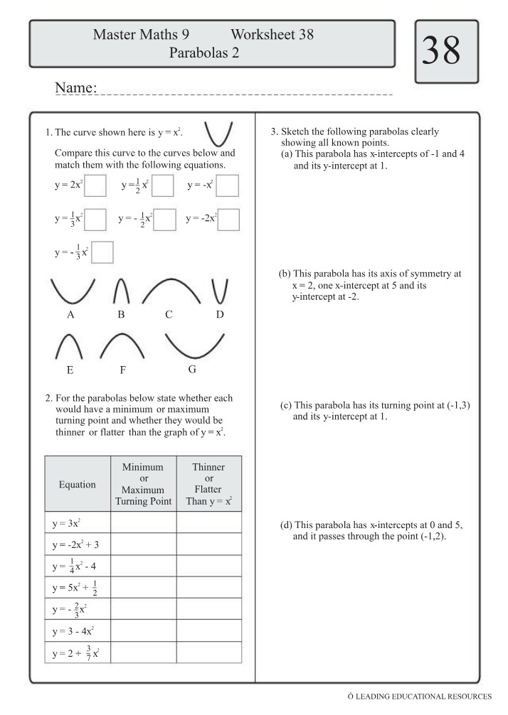 Master Maths 9 Worksheet 38 - Parabolas 2