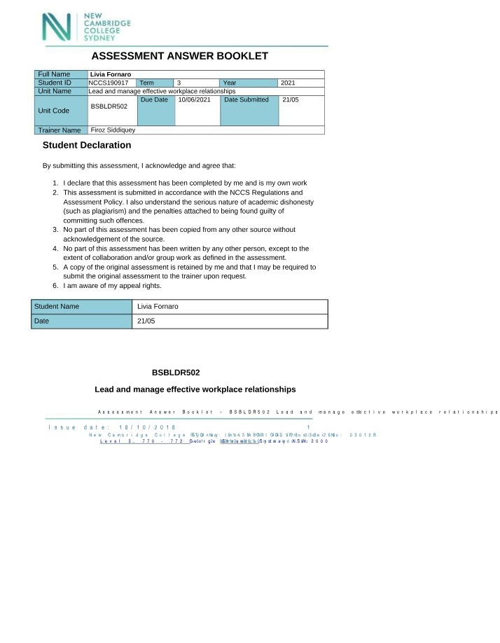 BSBLDR502 - Assessment Task 4