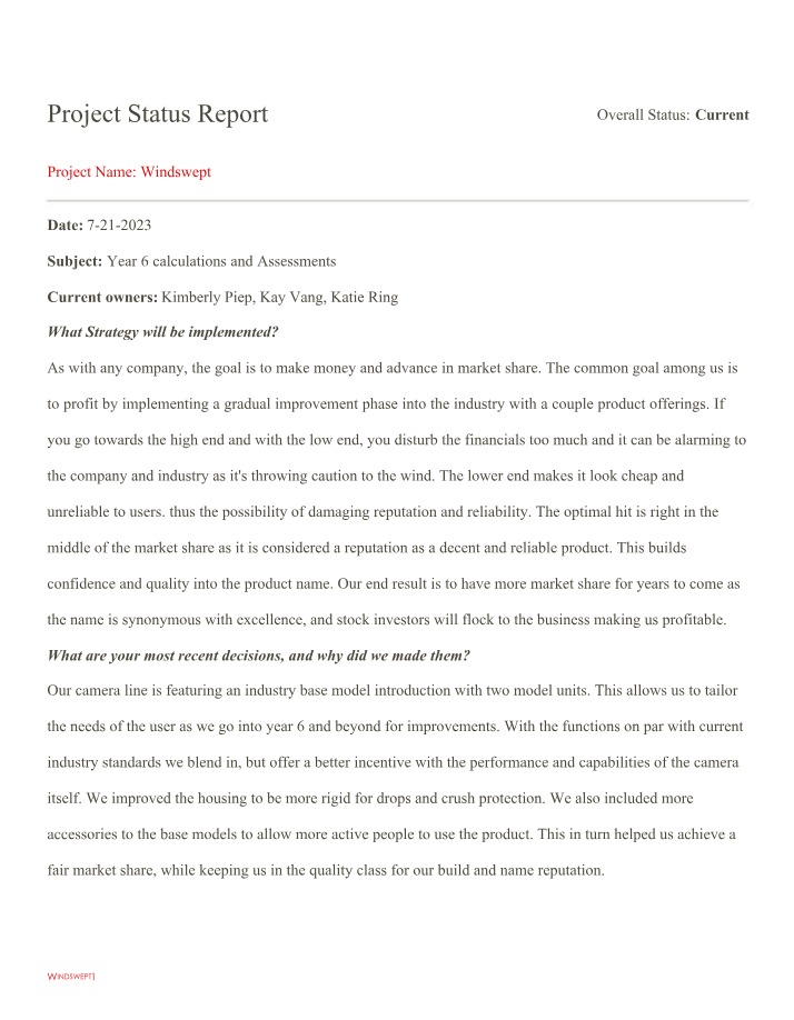 Project Status Report Part Two