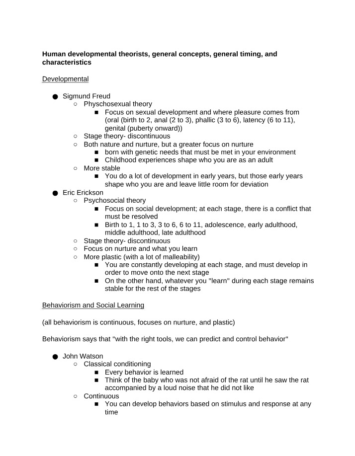 Human Developmental Theorists - Concepts, Timing, and Characteristics