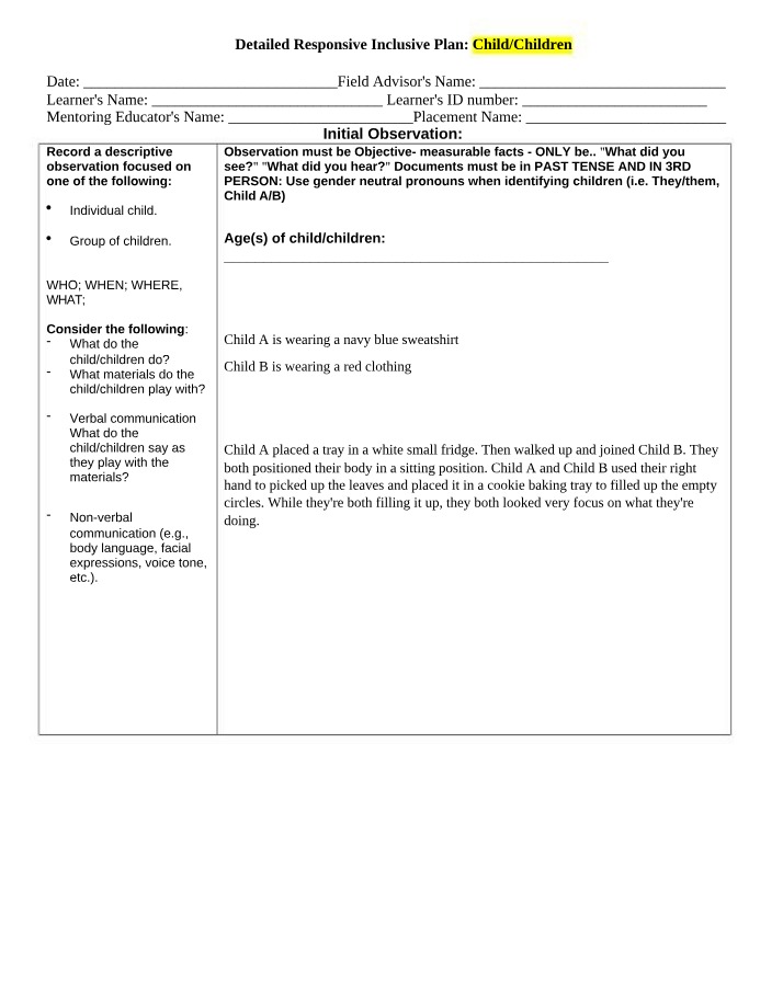 Responsive and Inclusive Plan for Children