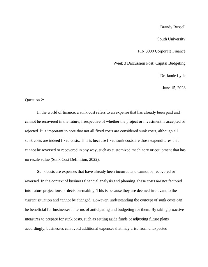 Definition of Sunk Costs in Corporate Finance