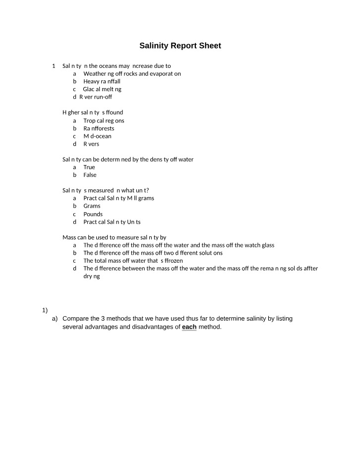 Report Sheet for Salinity