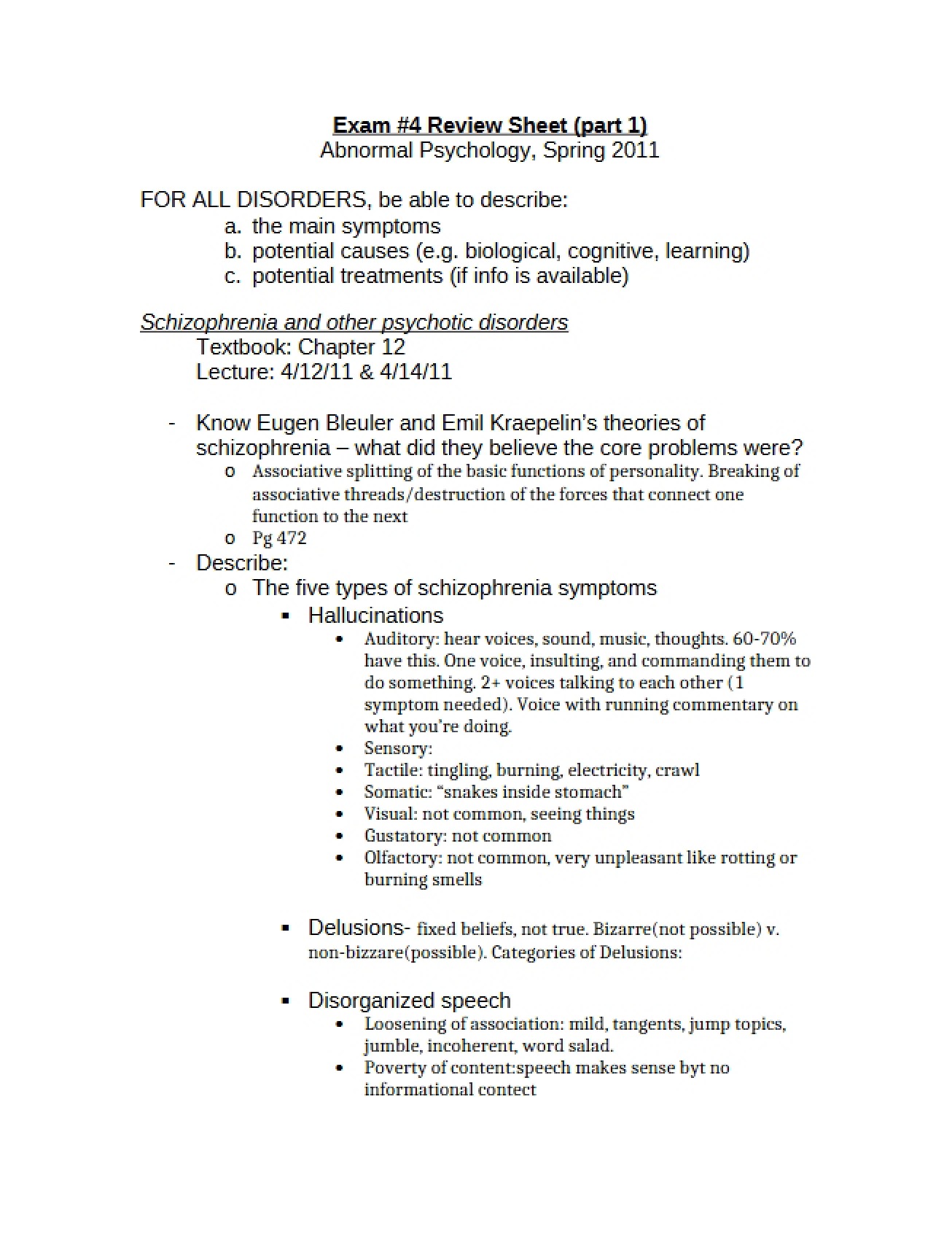 Fourth Exam Review Sheet for Abnormal Psychology