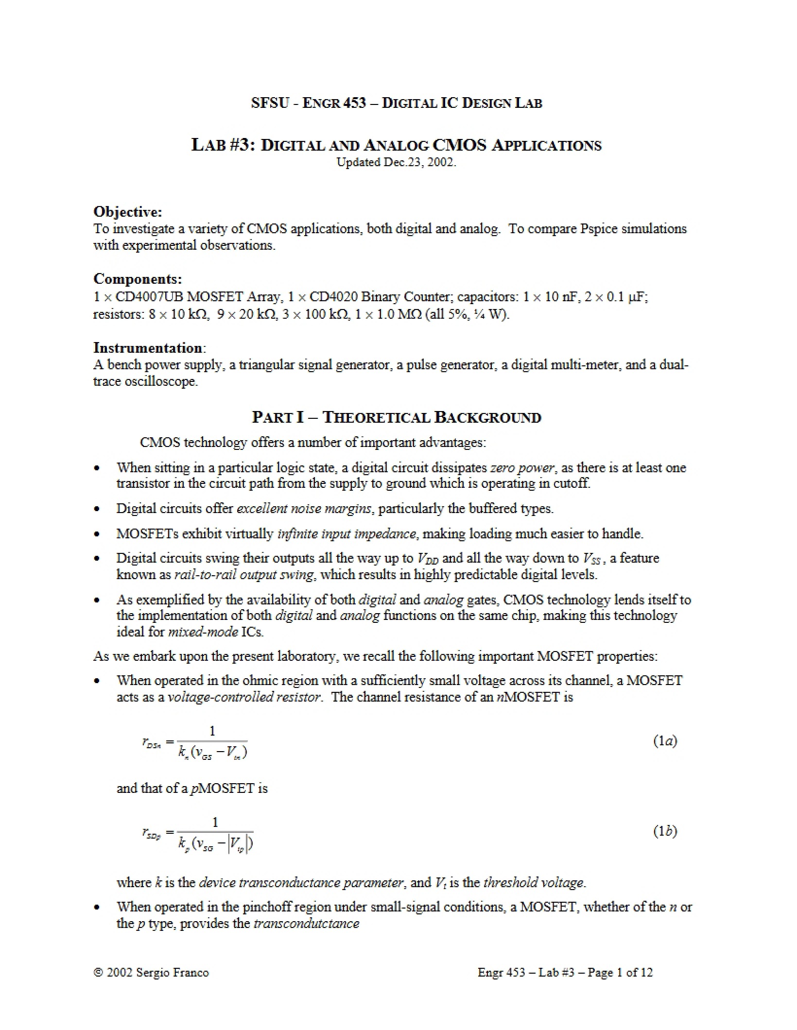 Lab 3 CMOS Applications (Analog and Digital)