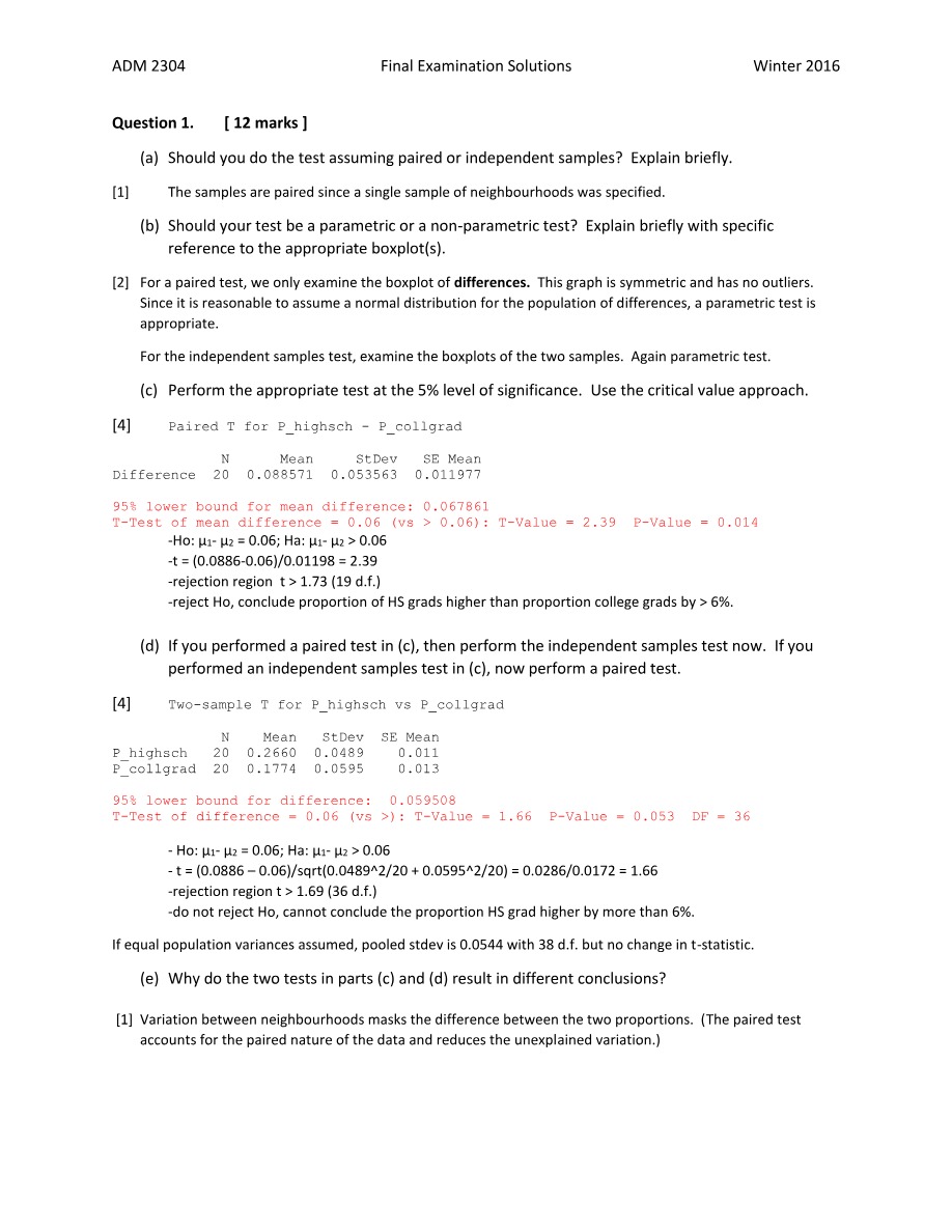 ADM 2304 Winter 2016 Final Examination Solutions Alpha