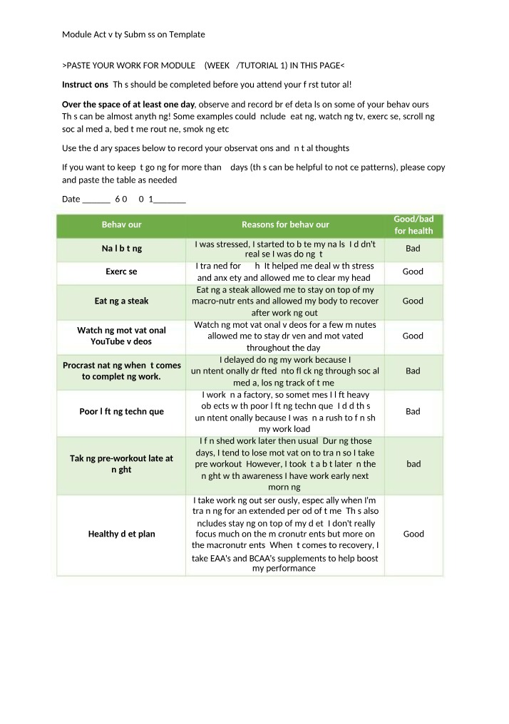 Observing Behaviors in Personal Habits and Health
