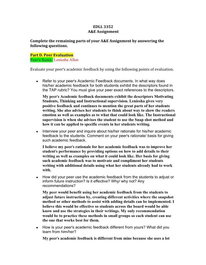 EDLL 3352 Assignment - A&E Peer Evaluation